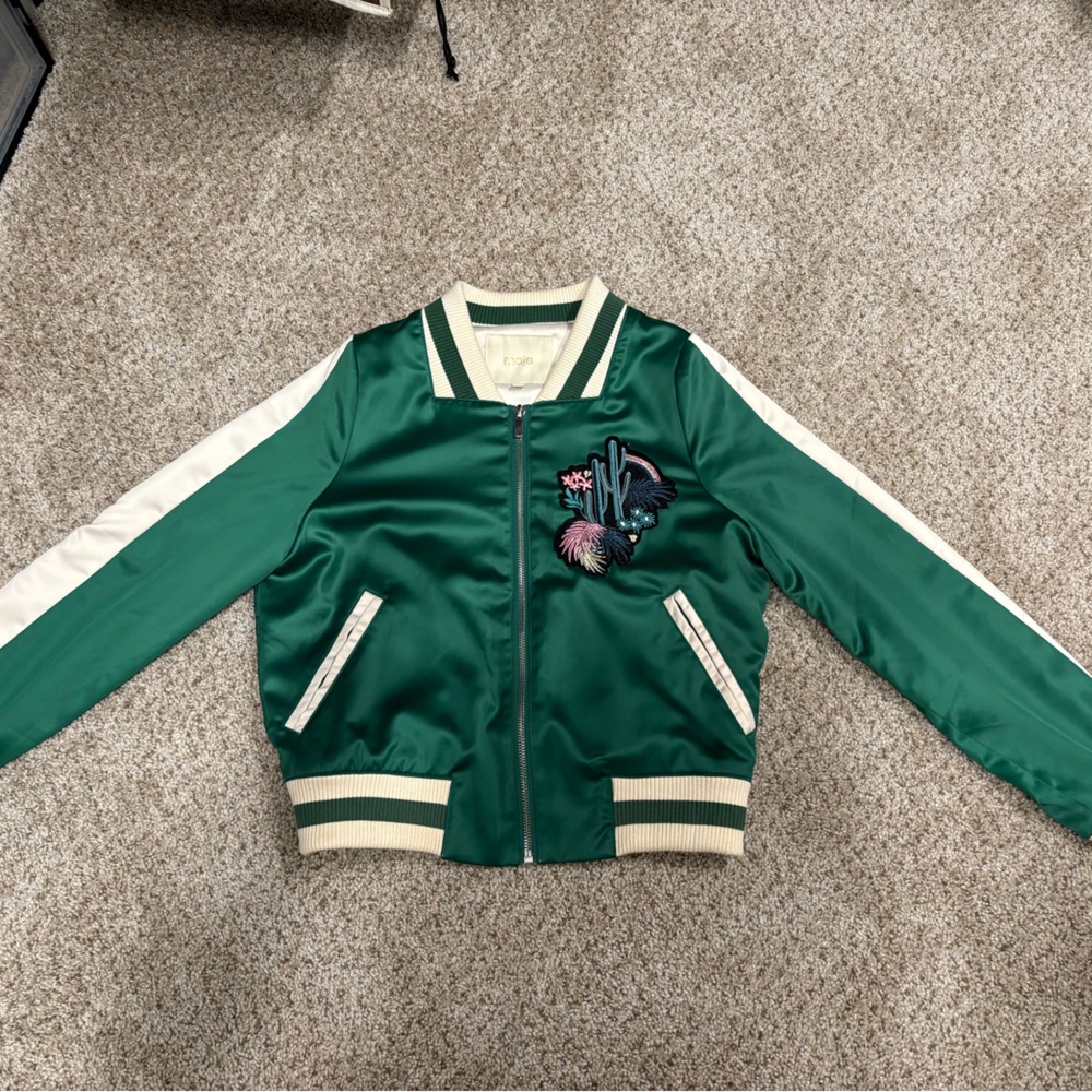 Maje Green Bomber Jacket with Embroidered Detail